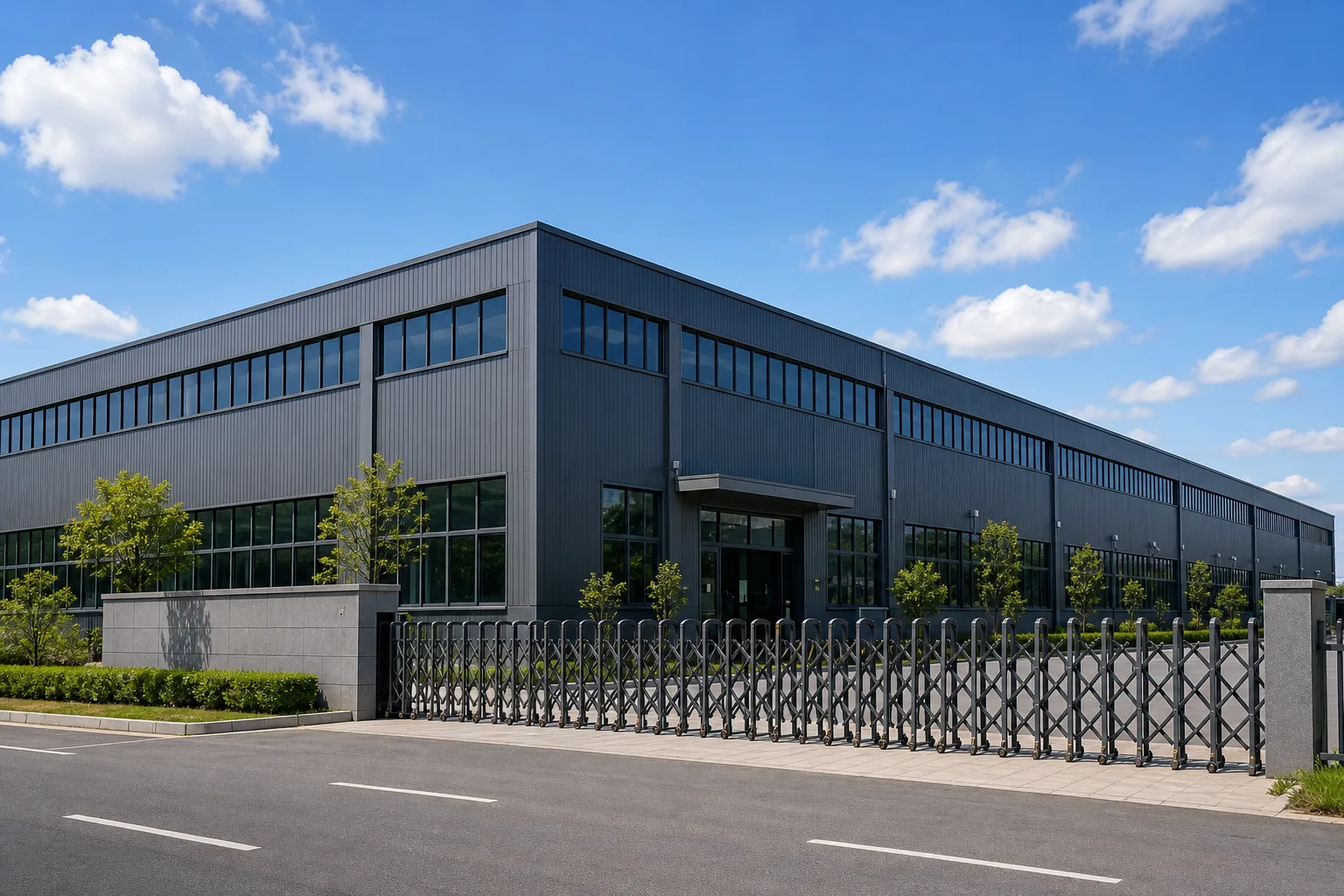 Modern hardware factory exterior with glass facade and entrance gate