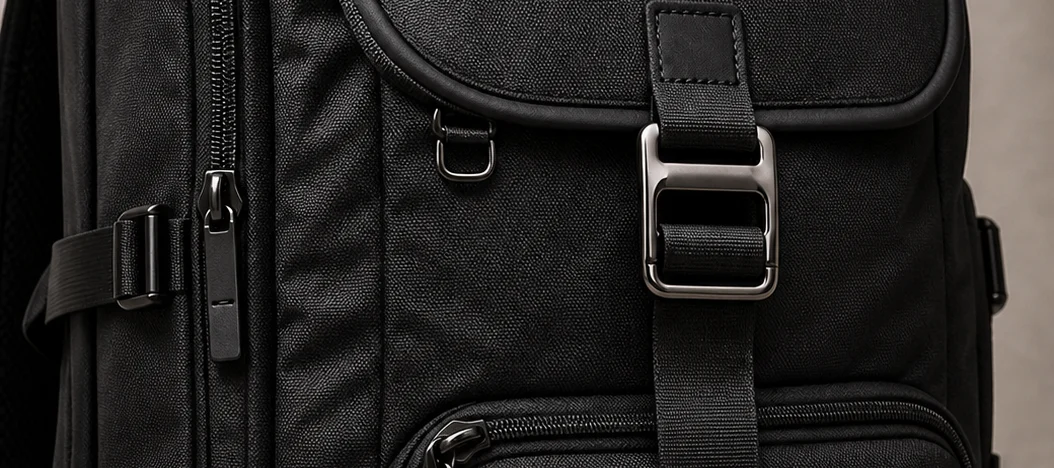 Photorealistic close three-quarter black technical backpack with a polished gunmetal rectangular buckle, woven webbing and zipper seams on a warm-gray studio backdrop