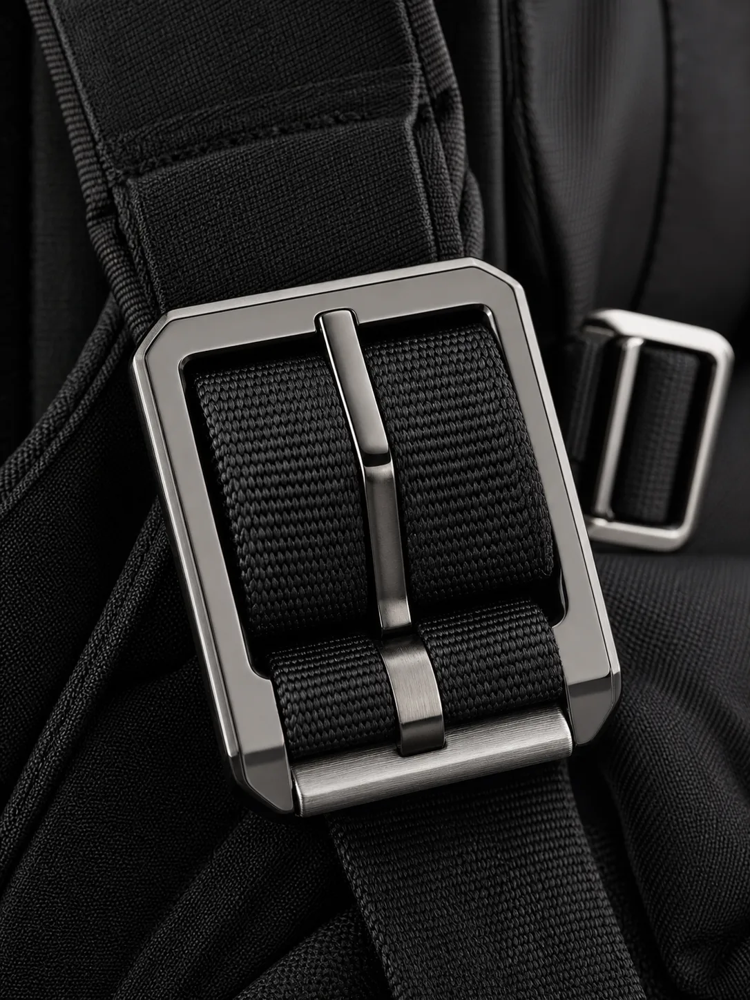 Photorealistic polished gunmetal rectangular buckle threaded through black woven technical backpack webbing
