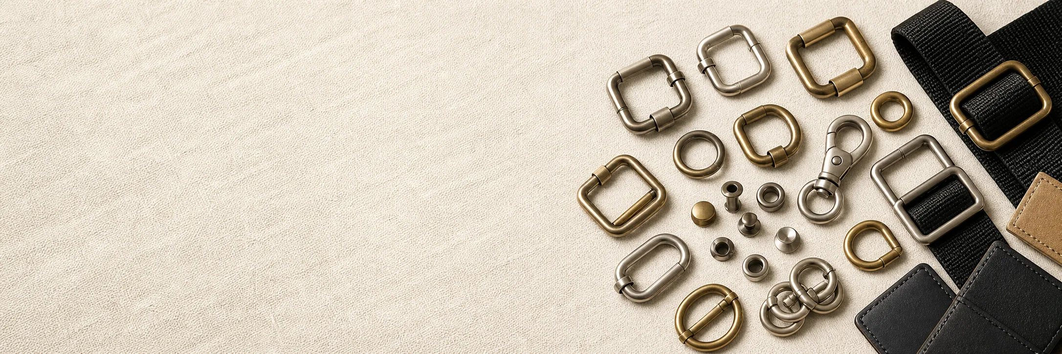 Photorealistic bag hardware assortment with a bright left copy area and buckles, rings, hooks and black webbing arranged on the right