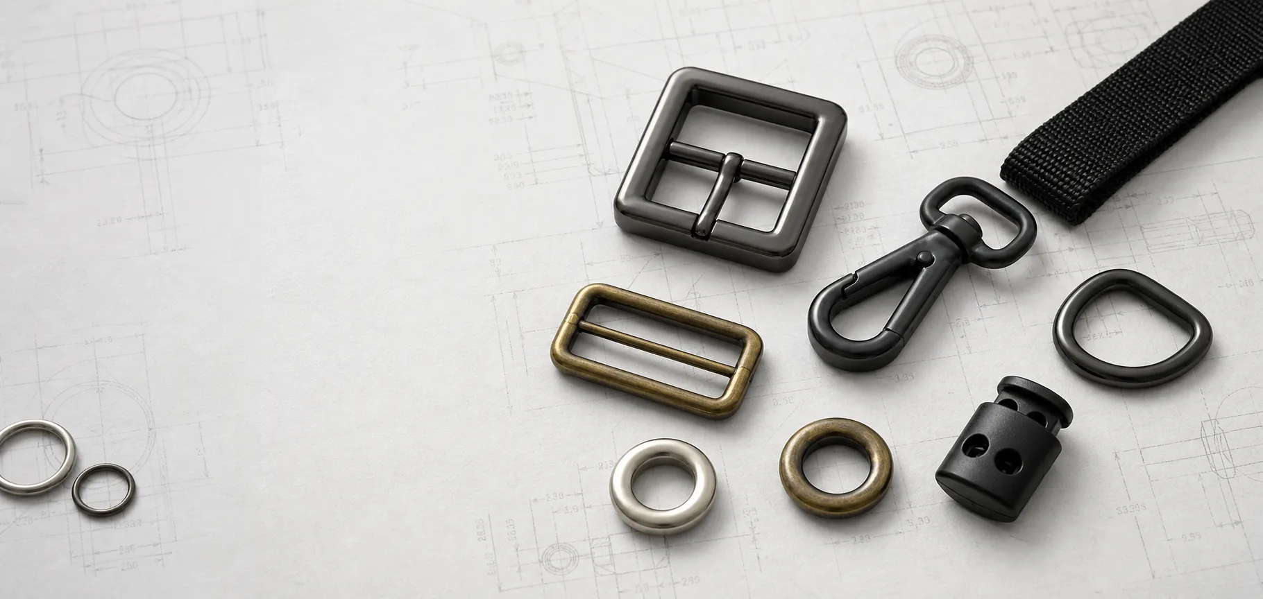 Photorealistic custom hardware engineering drawing tabletop with gunmetal and brass hardware on the right and a left copy-safe area