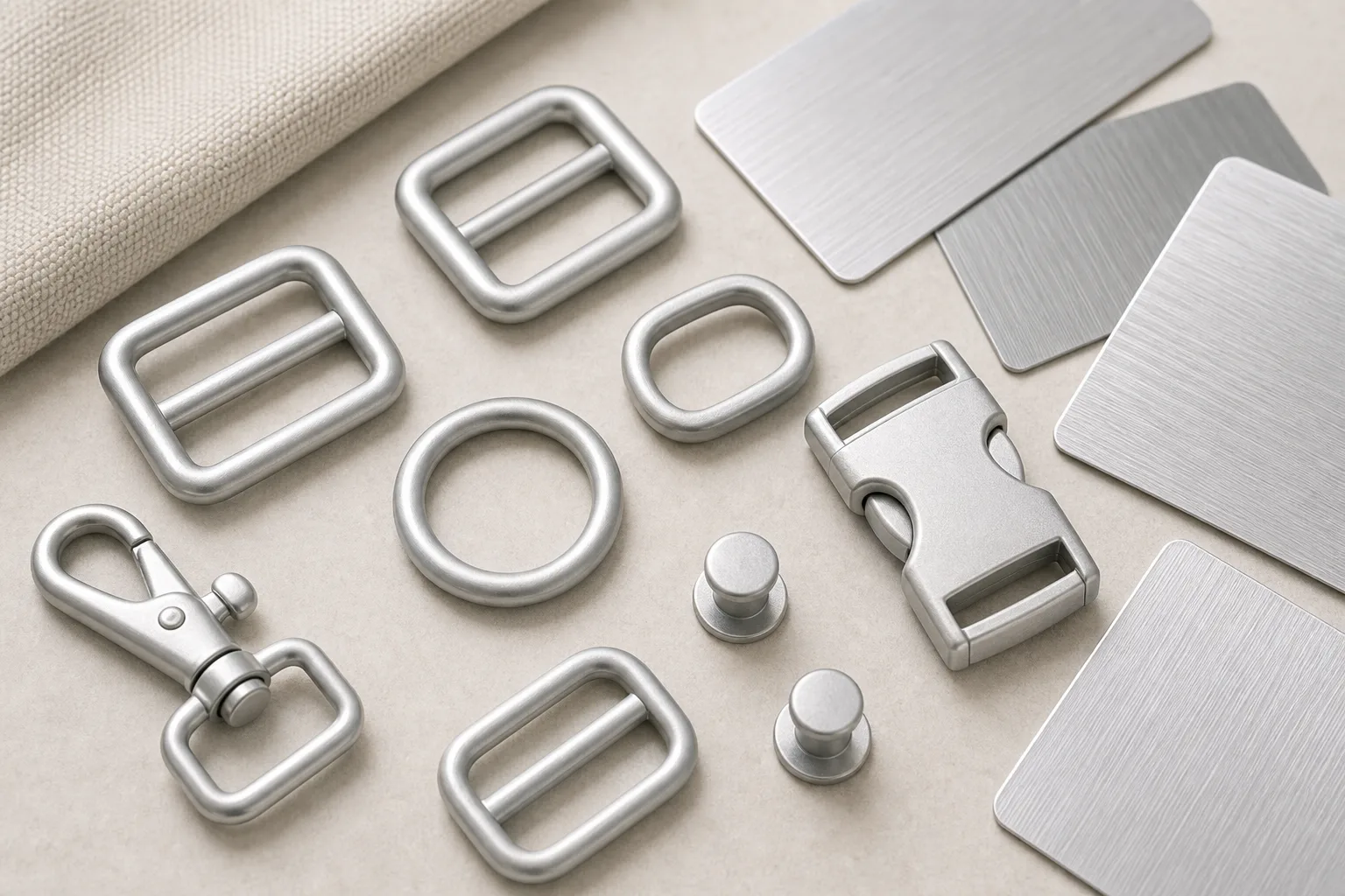 Aluminum hardware material samples for bags and garments