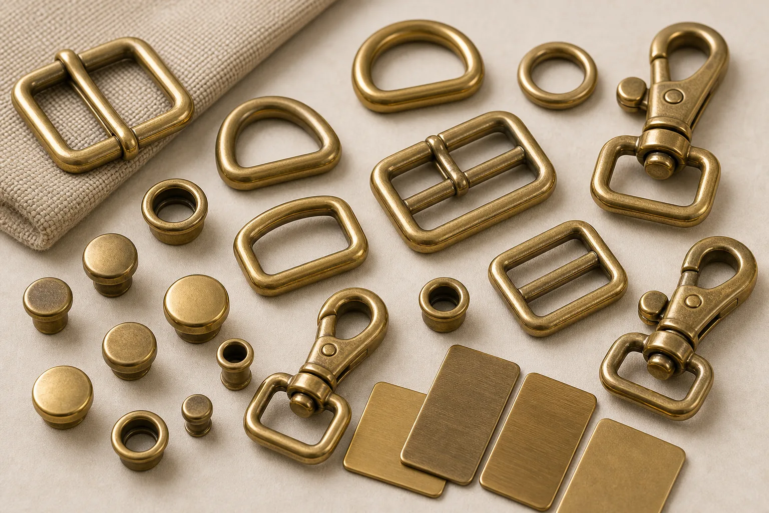 Brass hardware material samples for bags and garments
