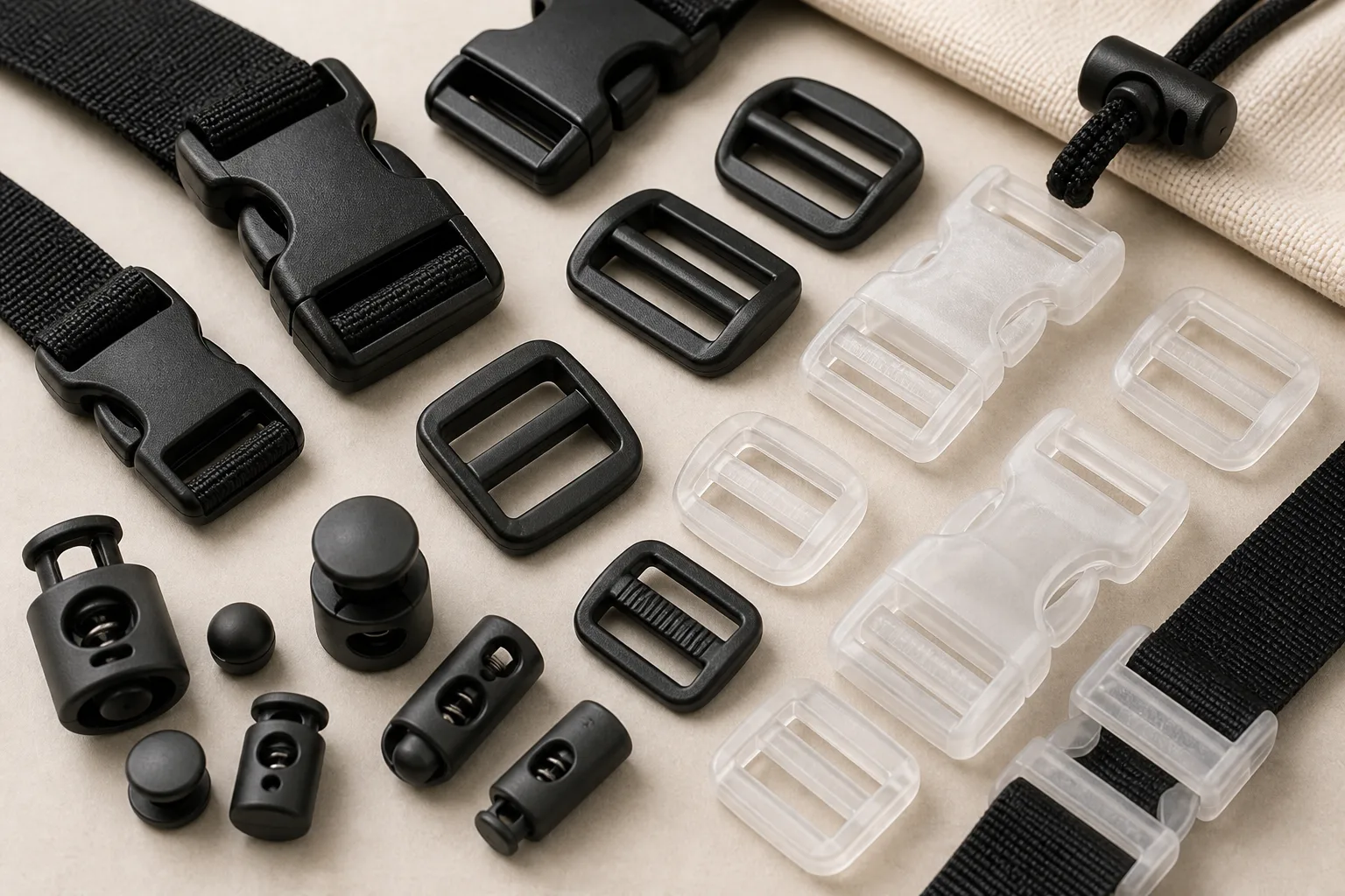 Plastic hardware material samples for bags and garments