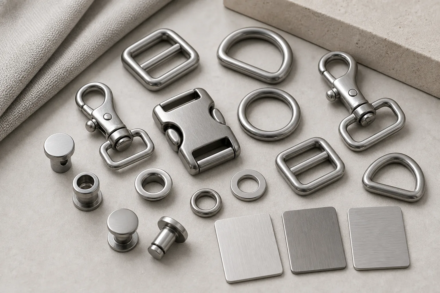 Stainless Steel hardware material samples for bags and garments
