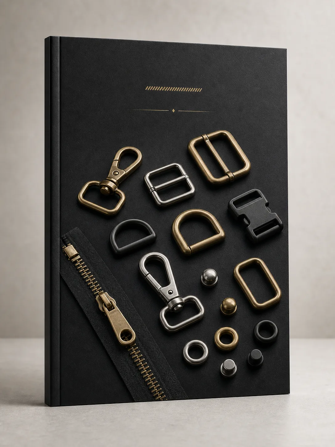 Photorealistic black hardware product catalog cover with brass and nickel bag hardware samples