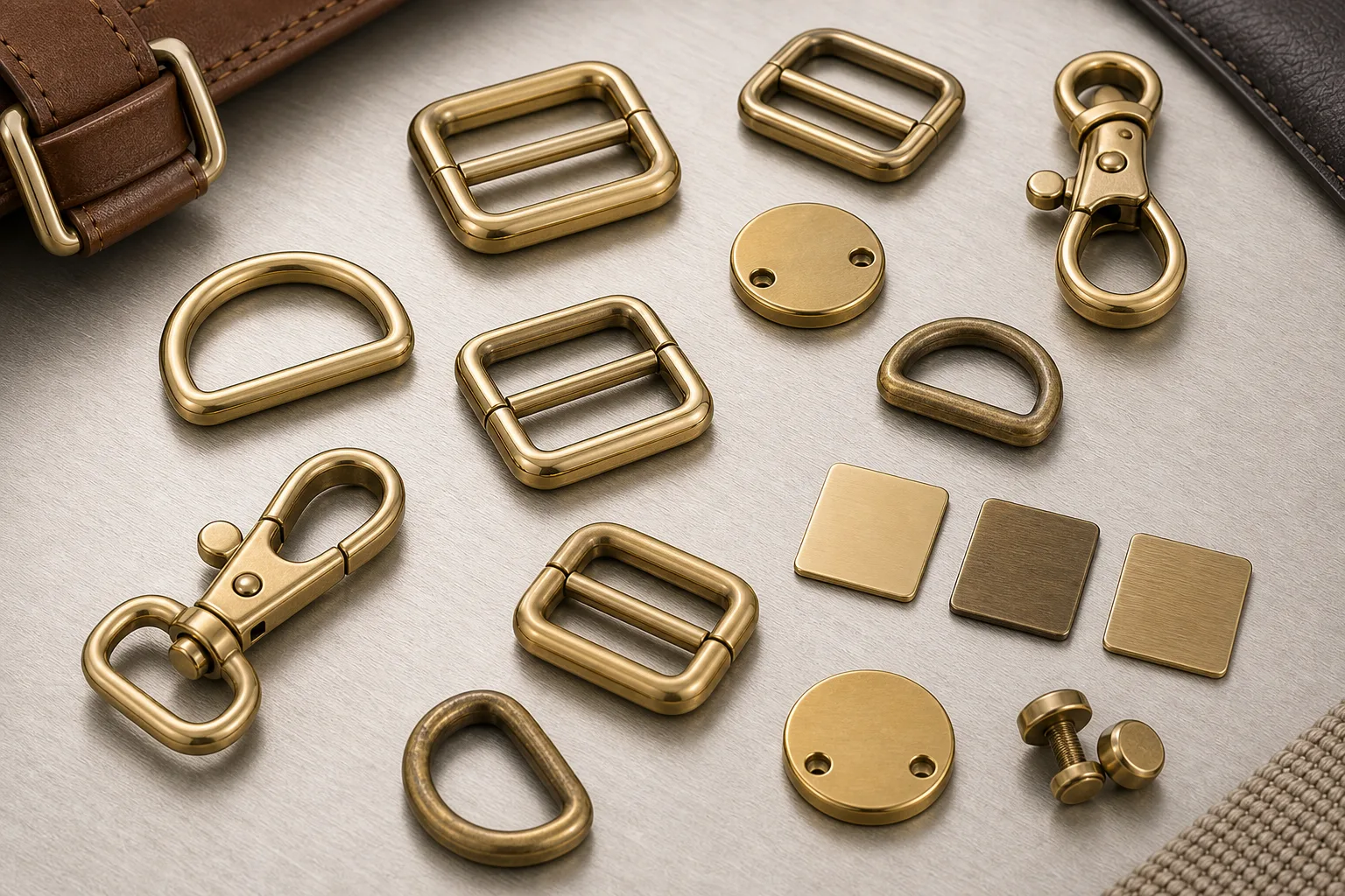 Photorealistic brass bag hardware samples in polished and antique brass finishes