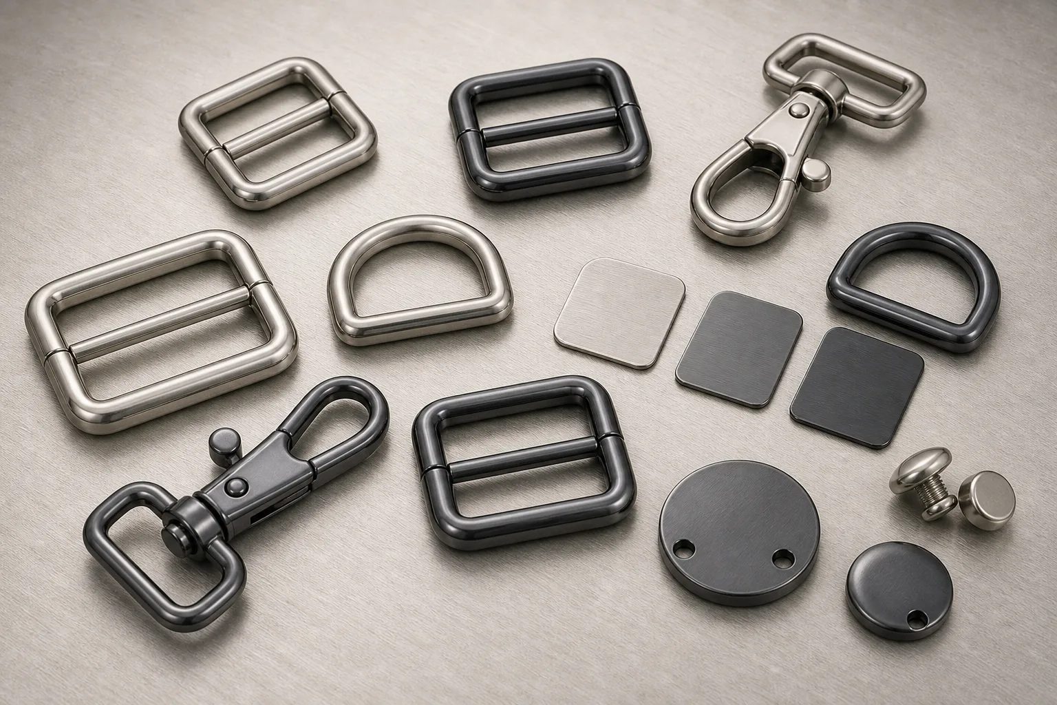 Photorealistic zinc alloy bag hardware samples in satin nickel and gunmetal finishes