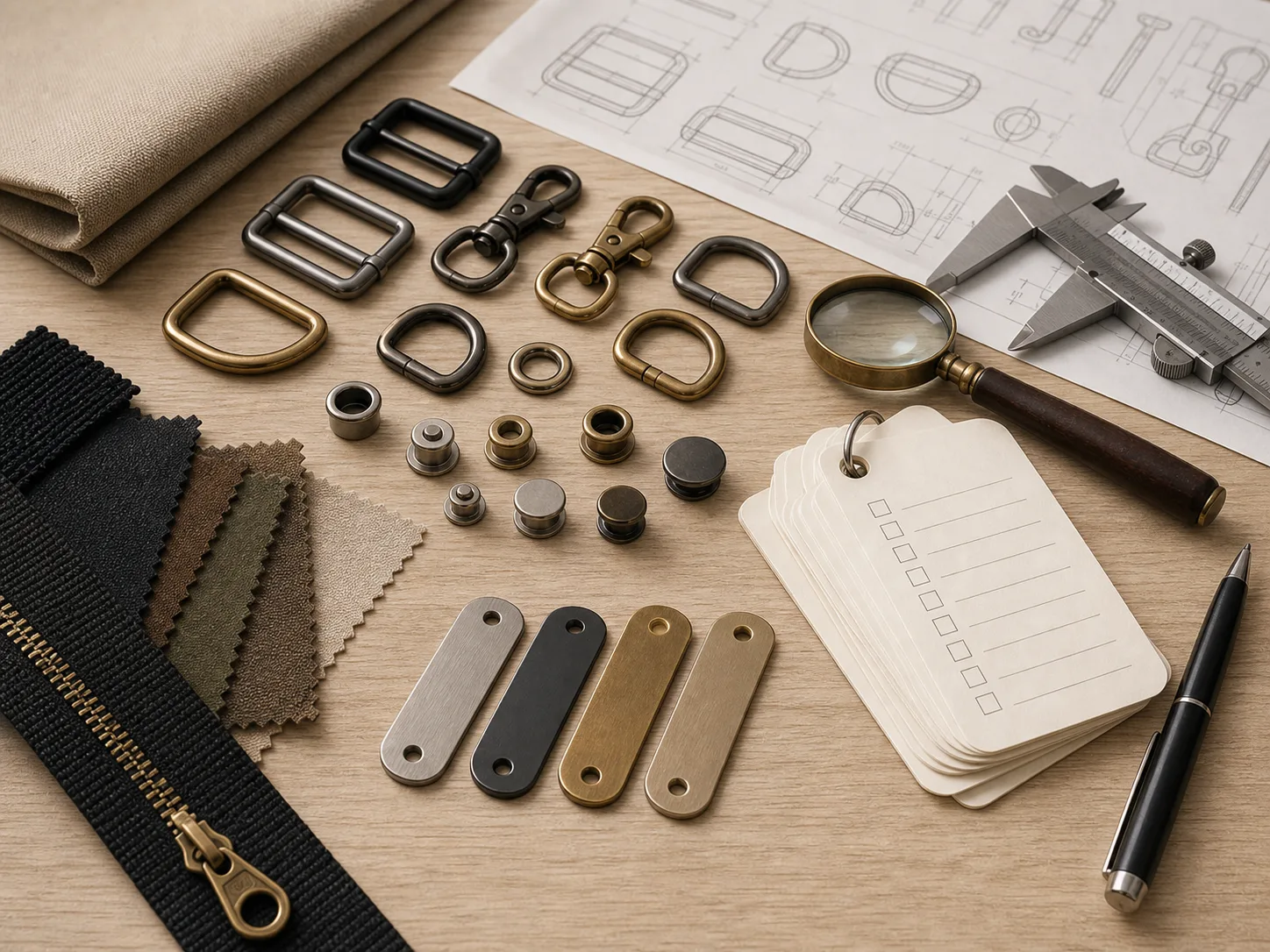 Photorealistic sourcing help scene with hardware samples, blank checklist cards, calipers, finish swatches and drawing sheet