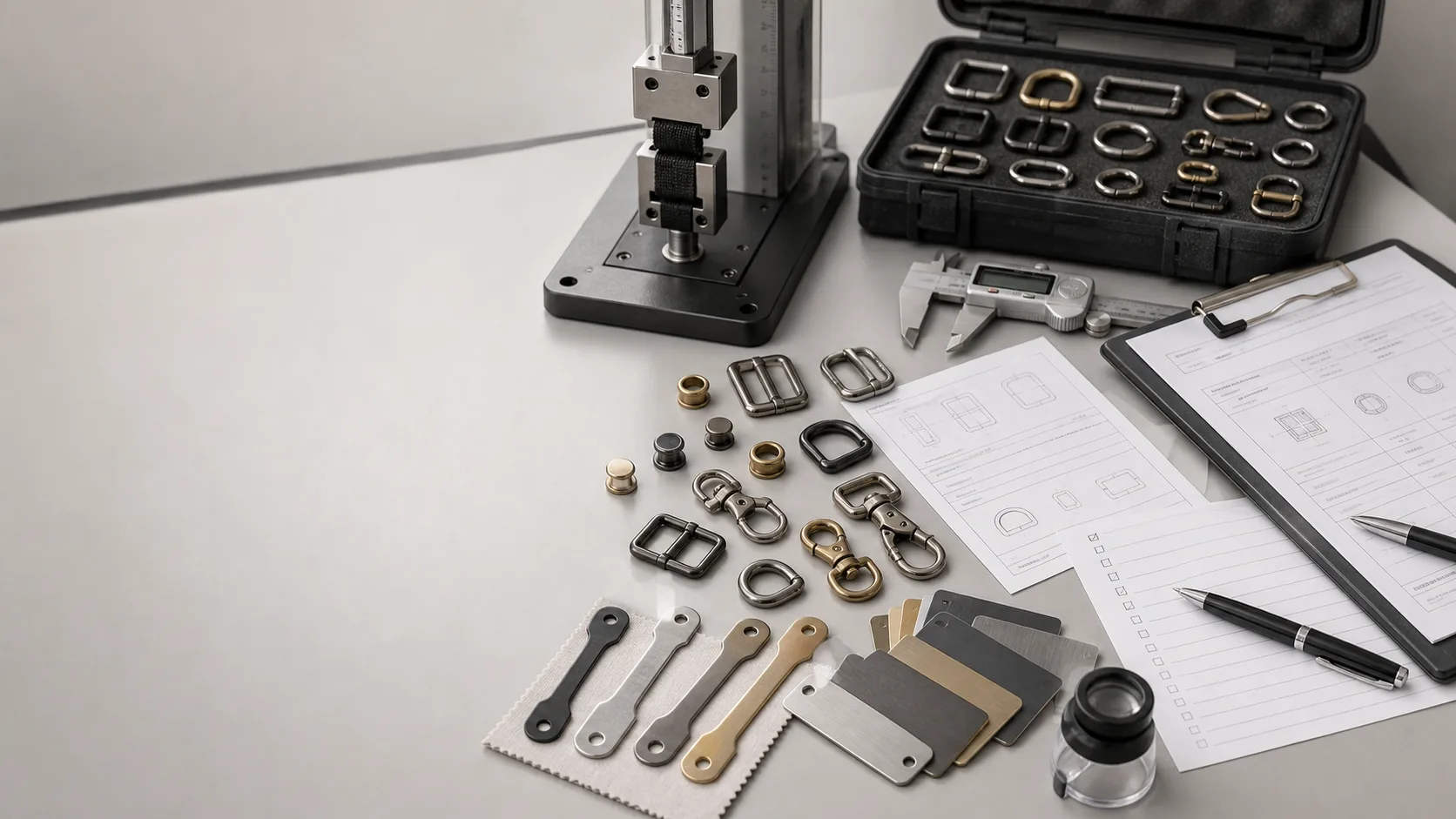 Photorealistic hardware testing and document request scene with lab samples, calipers, report sheets and inspection tools