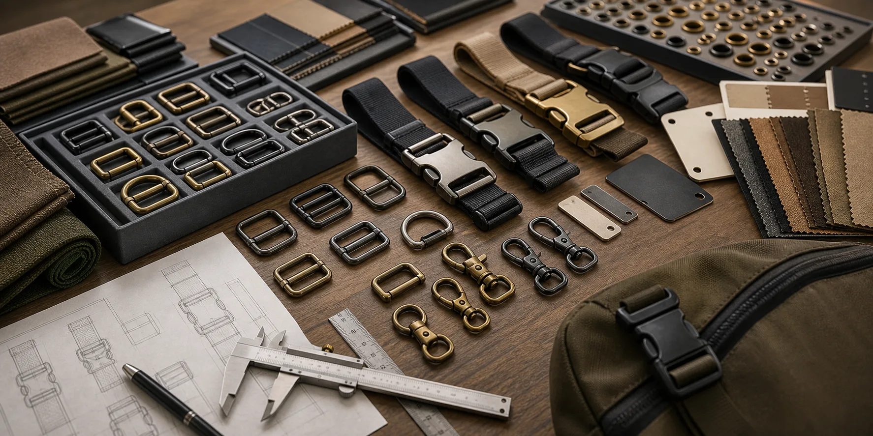 Photorealistic custom hardware case study banner with finished strap samples, buckles, swatches and project tools