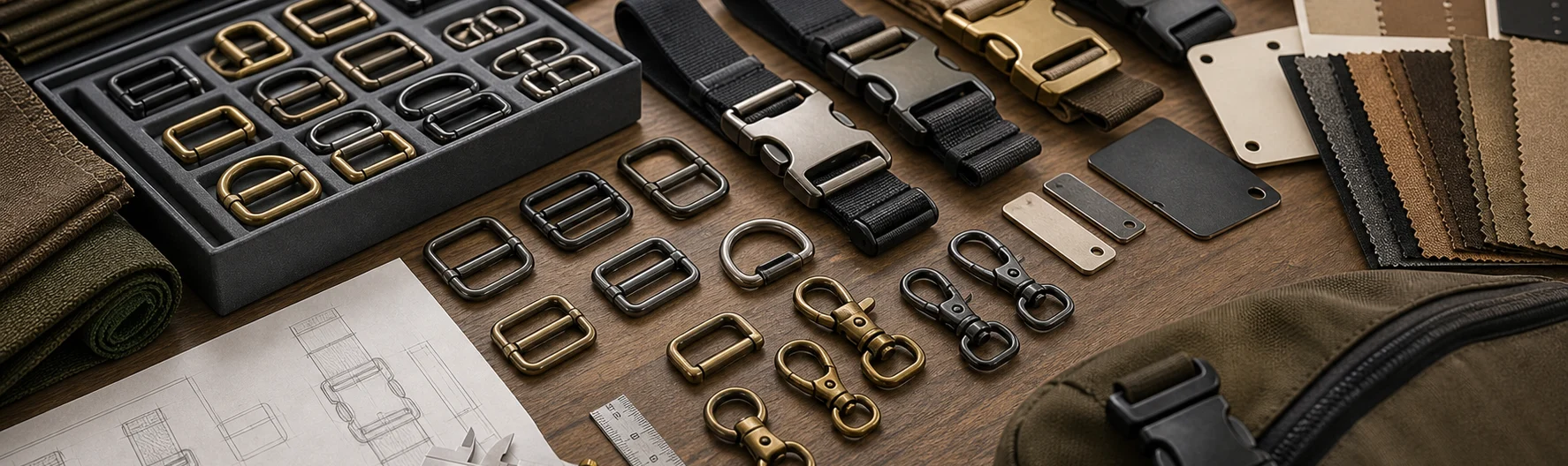 Photorealistic custom hardware case study banner with finished strap samples, buckles, swatches and project tools