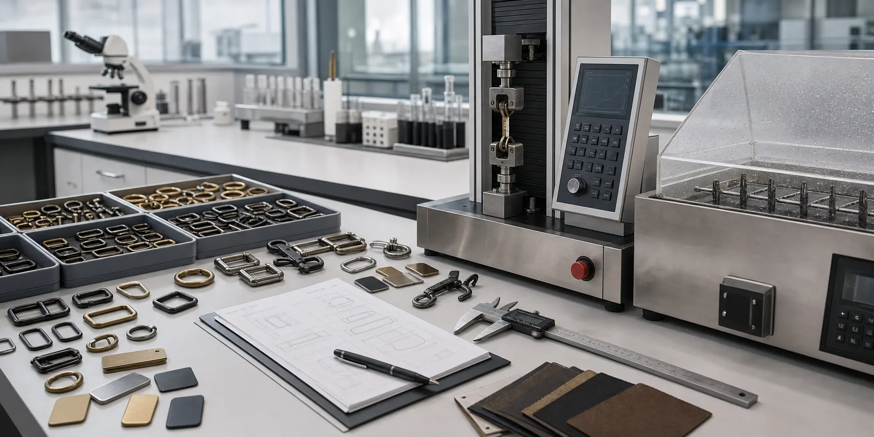 Photorealistic quality lab banner with hardware samples, pull test equipment and inspection tools